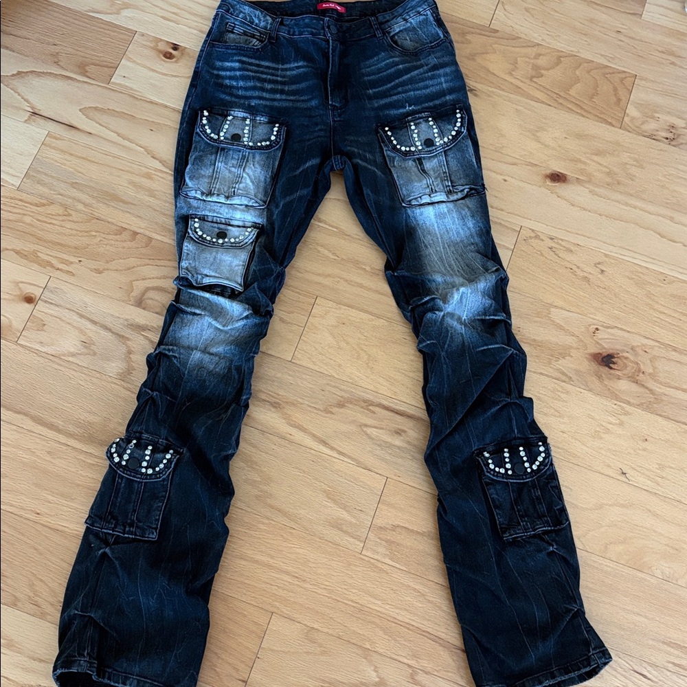 Smoke rise XL $110 Women's High Rise Rhinestone Stacked Jeans Pant storm black - Picture 3 of 14